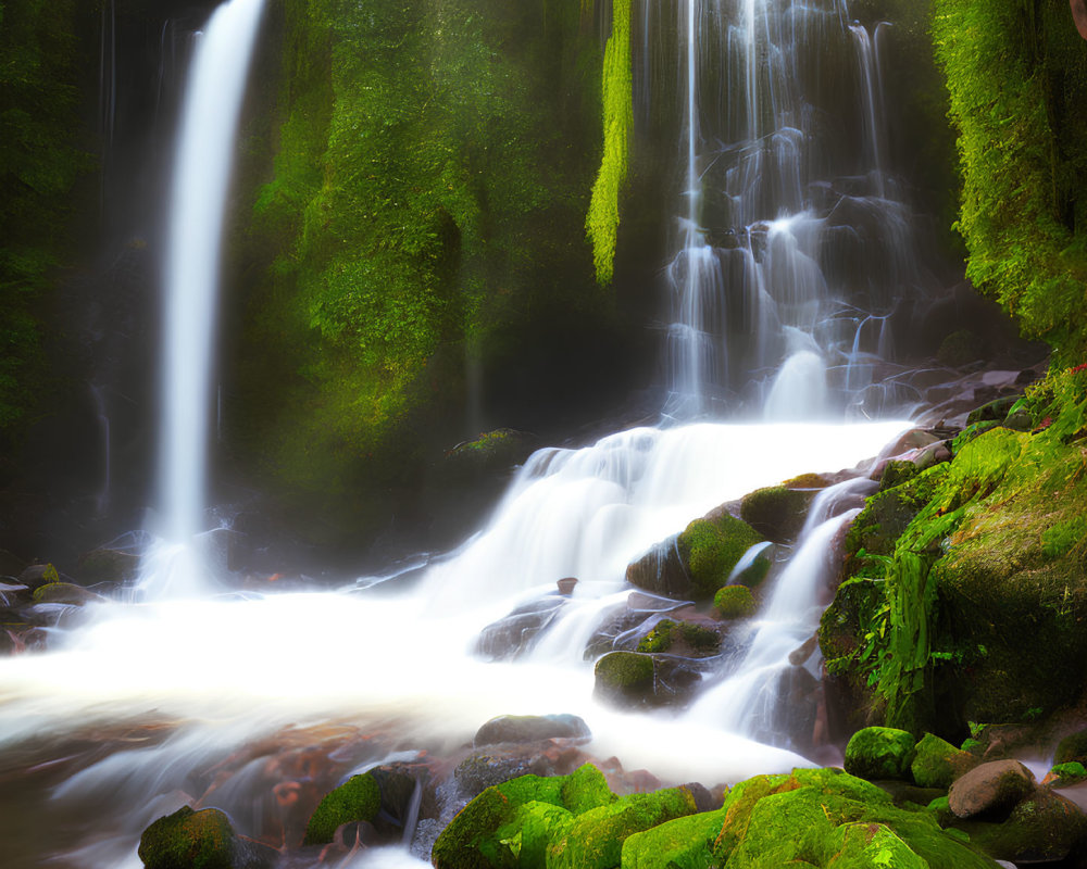 Tranquil waterfall in lush greenery with moss-covered rocks