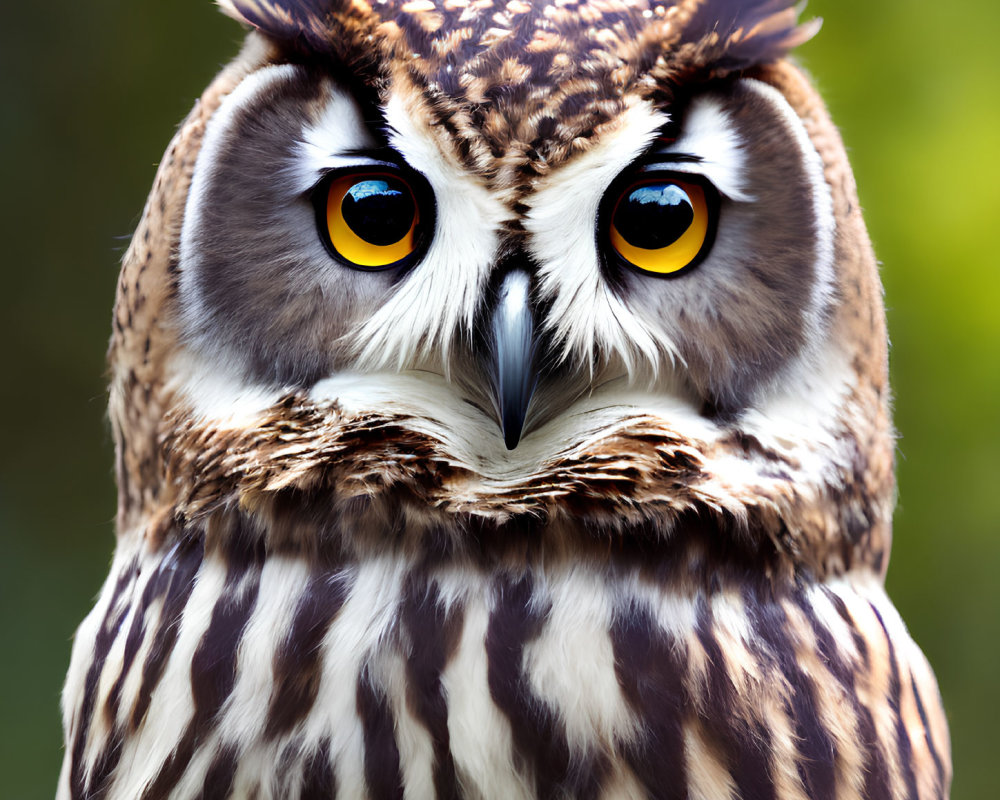 Brown and White Owl with Yellow Eyes and Tufted Ears on Green Background