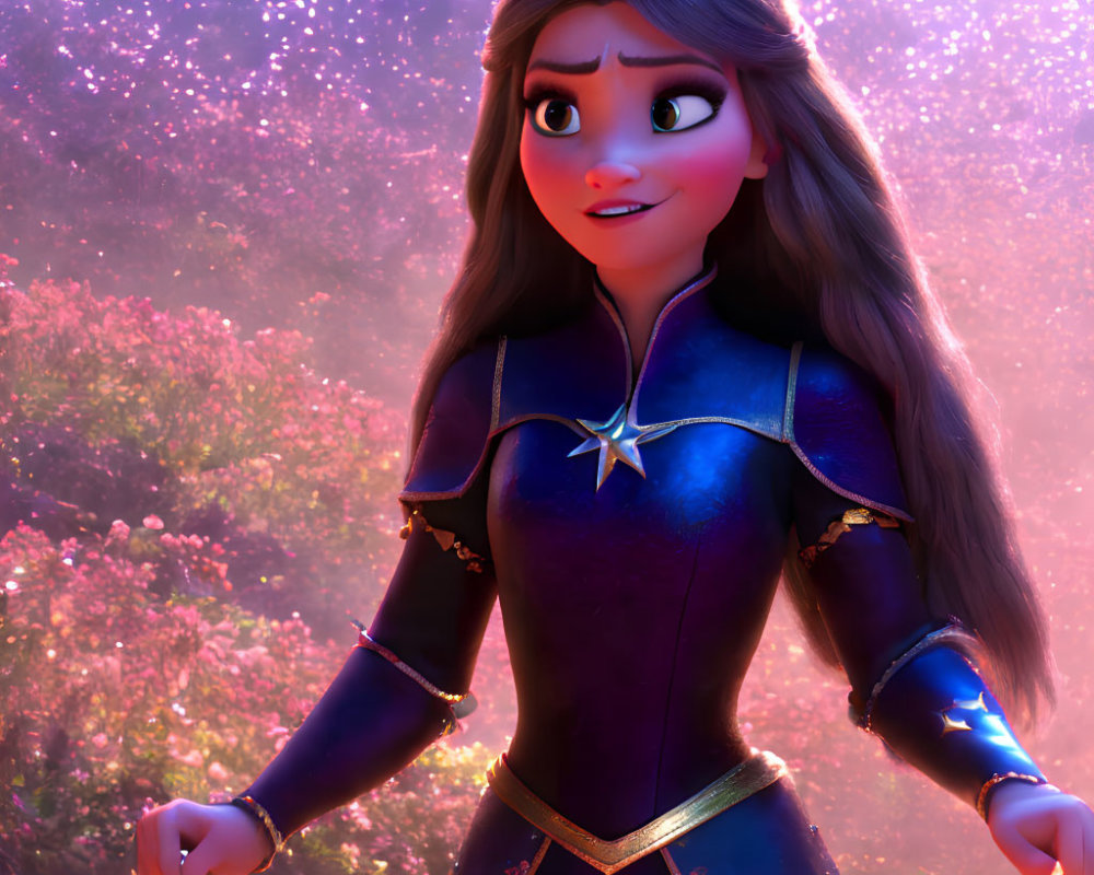 3D animated female character in purple dress surrounded by glowing pink florals
