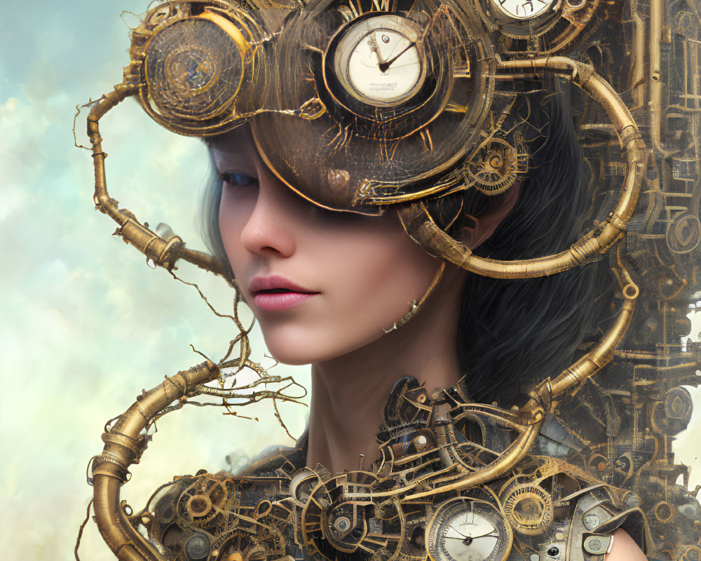 Steampunk-style digital artwork of a woman with mechanical adornments