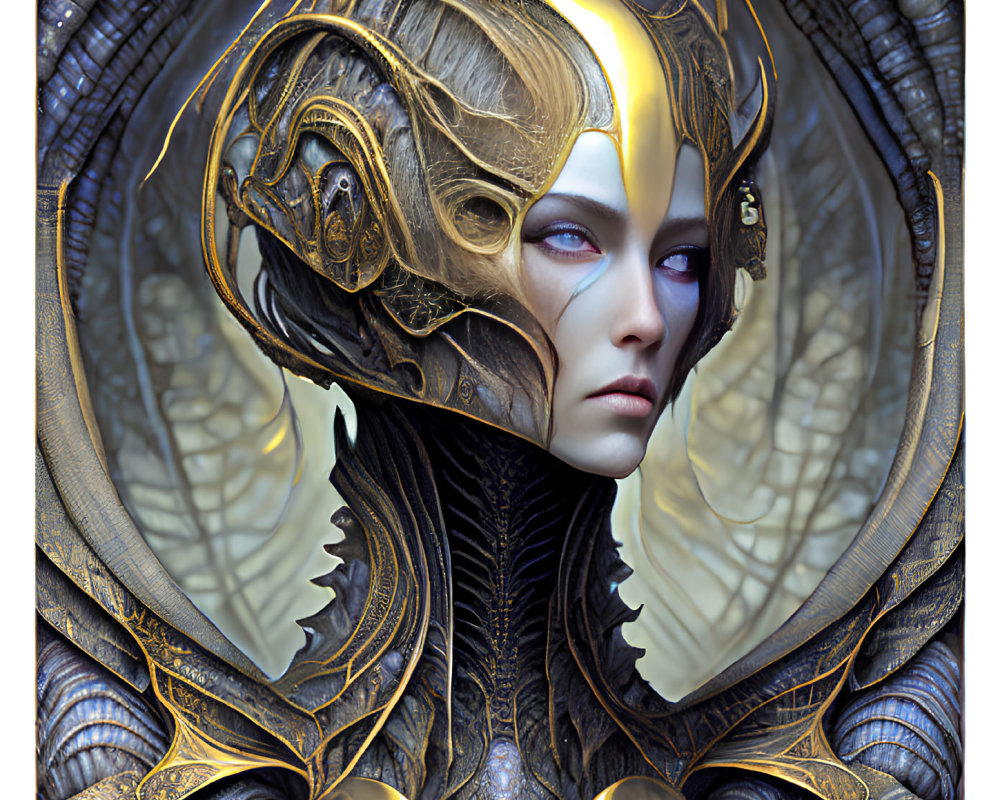 Digital artwork of female figure in gold and black armor with intricate designs and elegant helmet.