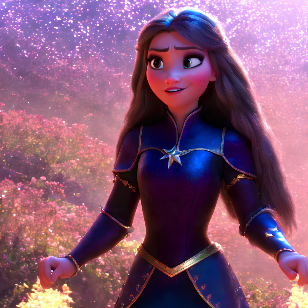 3D animated female character in purple dress surrounded by glowing pink florals