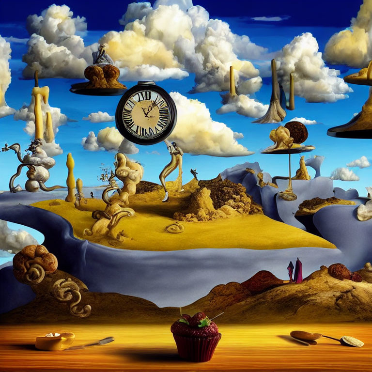 Surrealist landscape with melting clocks and floating timepiece