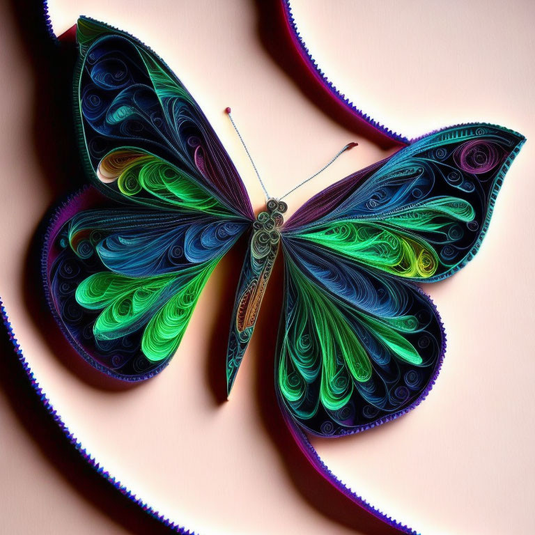 Colorful Quilled Paper Butterfly Artwork in Blue, Green, and Purple on Peach Background