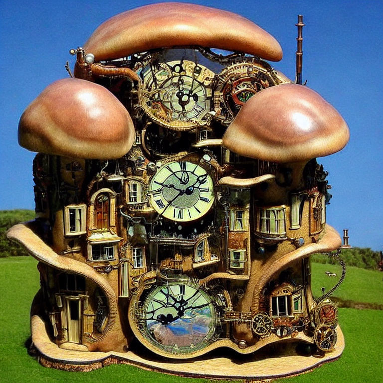 Steampunk-inspired mushroom building with clock faces, gears, and pipes on blue sky and green field