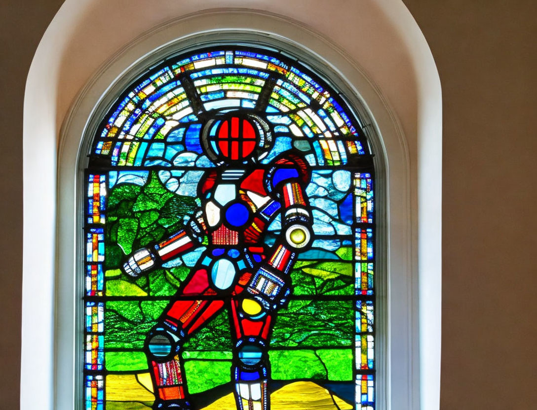 Stained glass window depicting a robot