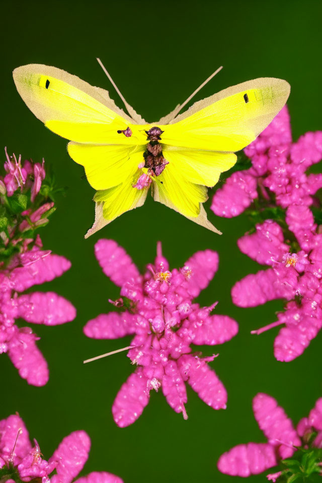 Vibrant yellow butterfly with black spots on pink flowers and green background