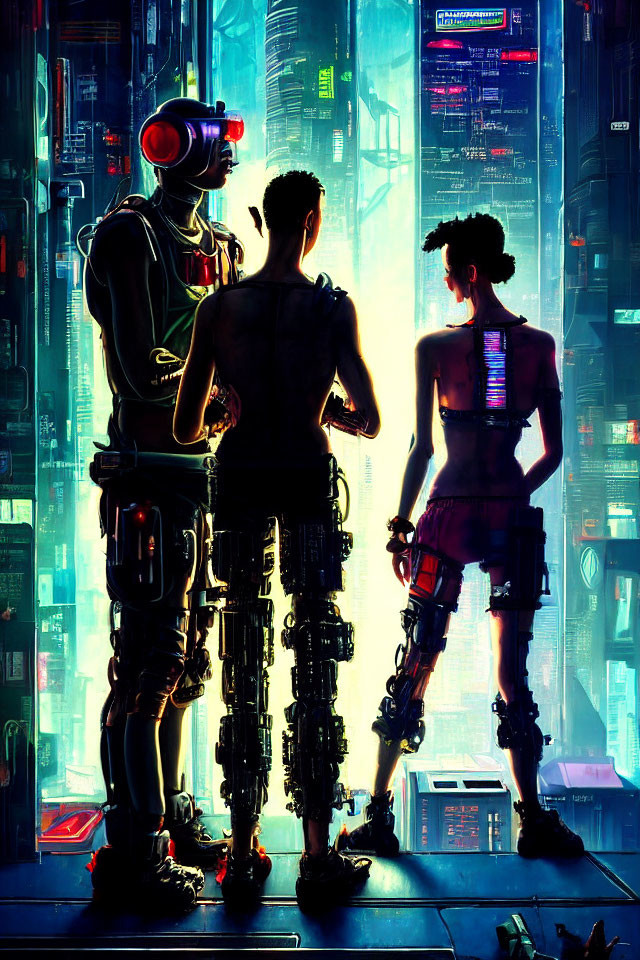 Three individuals with cybernetic enhancements in a neon-lit futuristic cityscape.