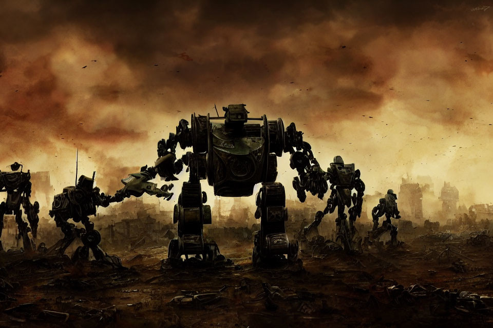 Menacing robots in war-torn cityscape under dark sky
