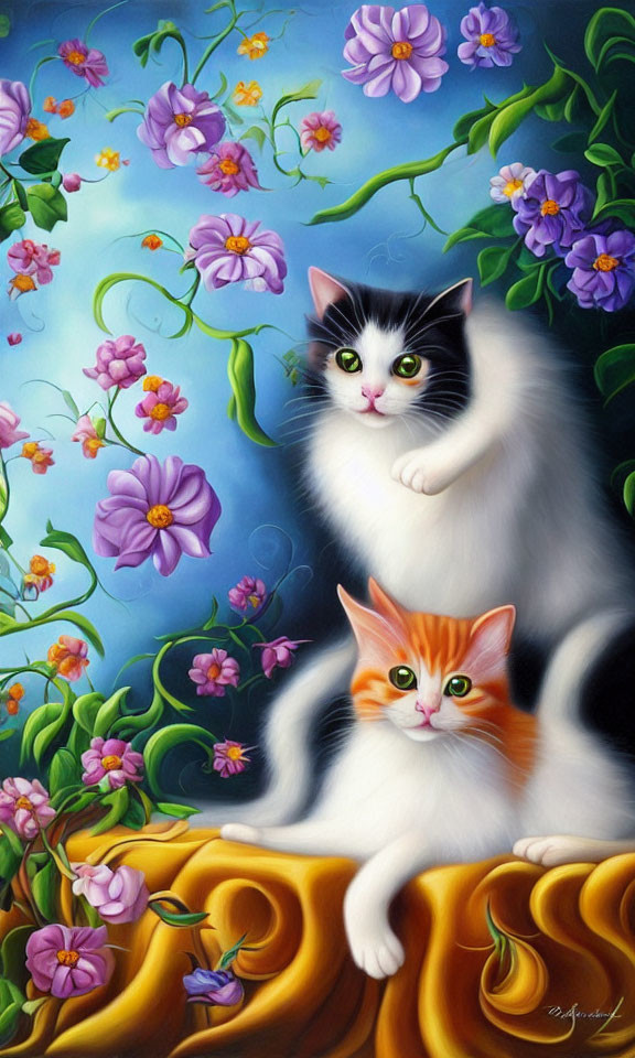 Cartoon cats with bright eyes in vibrant purple flowers on blue backdrop