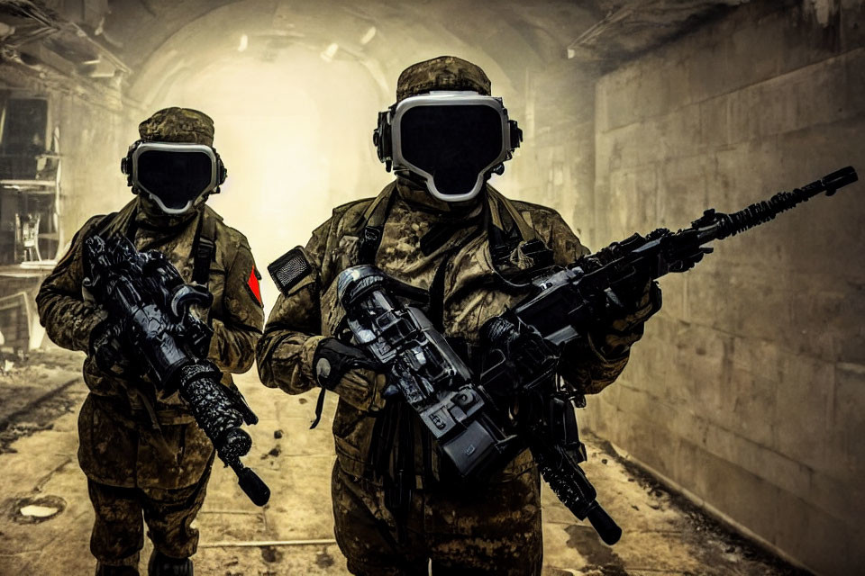 Soldiers in tactical gear with rifles in dimly lit corridor