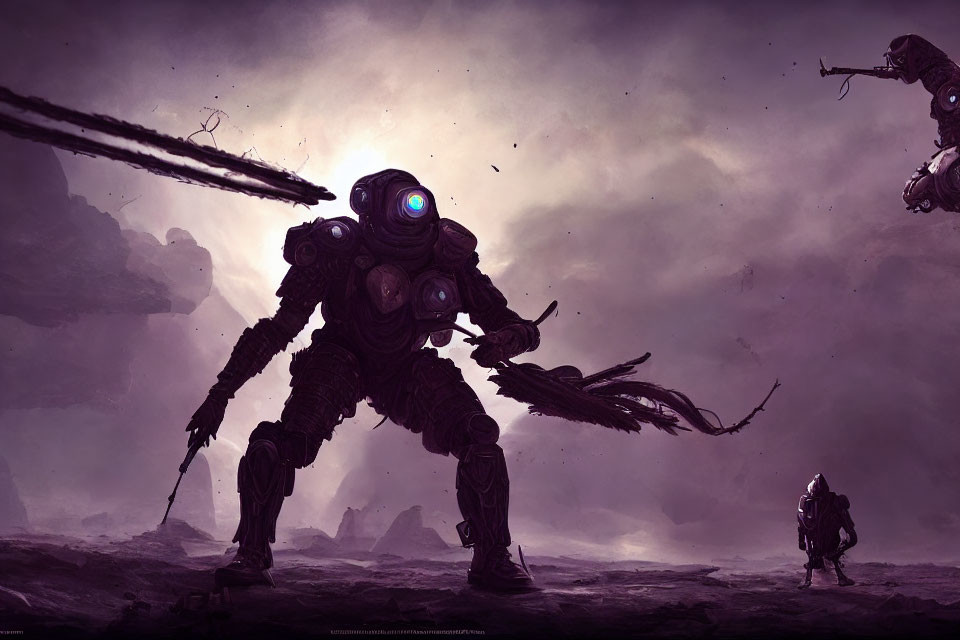 Armed robots on rocky landscape under purple sky
