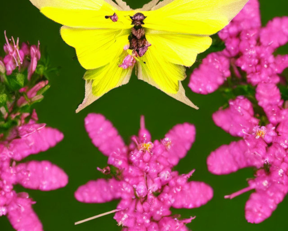 Vibrant yellow butterfly with black spots on pink flowers and green background
