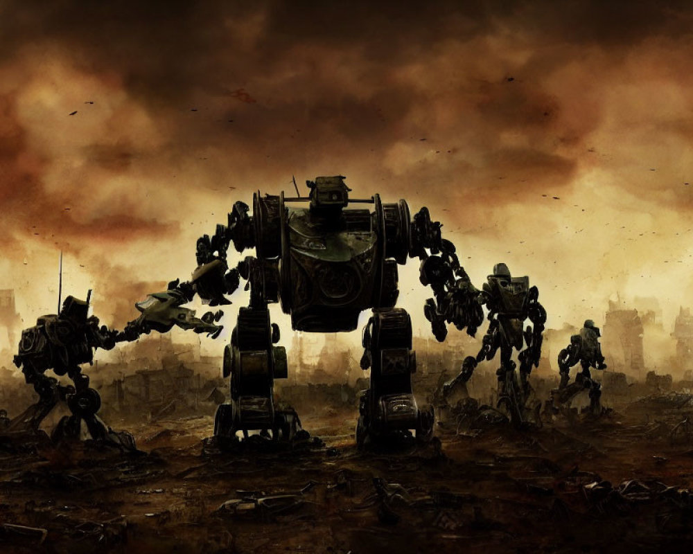 Menacing robots in war-torn cityscape under dark sky
