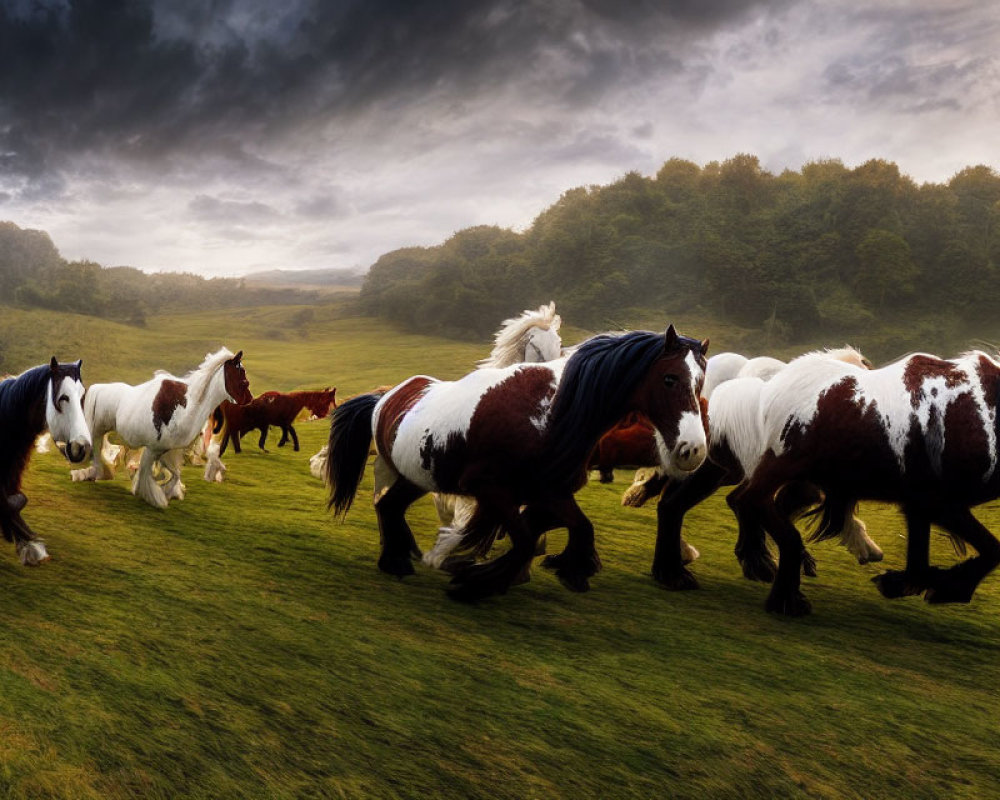 Piebald horses galloping in grassy meadow under dramatic sky