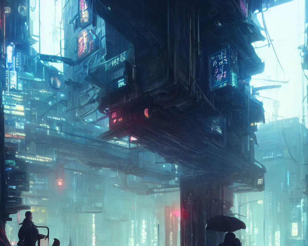 Futuristic cityscape with towering structures and neon signs