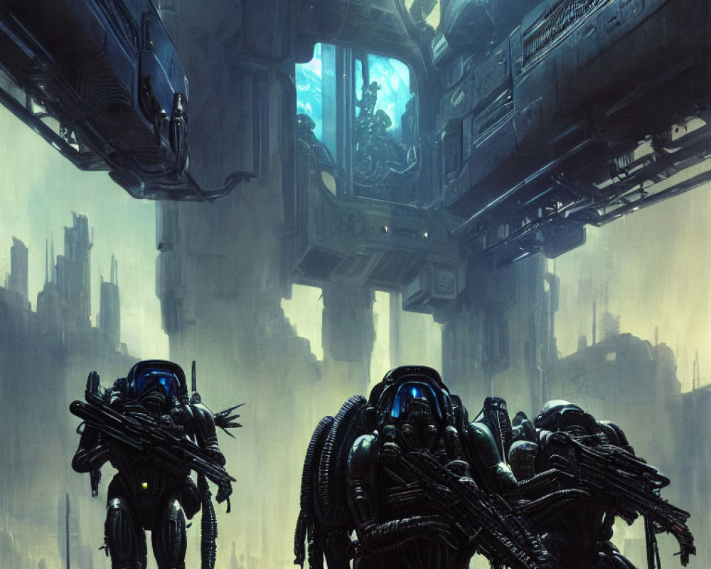 Futuristic cityscape with towering structures and flying craft, featuring large mechanical walkers.