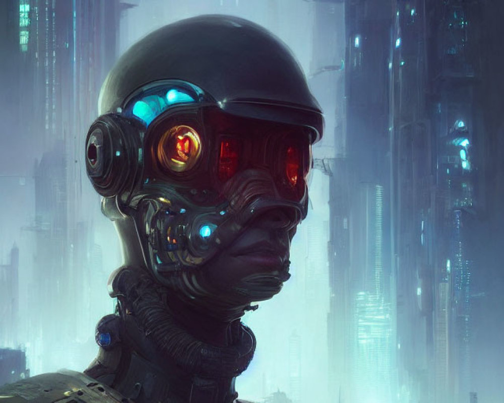 Futuristic robot with visored helmet and red eyes in neon-lit cyberpunk cityscape