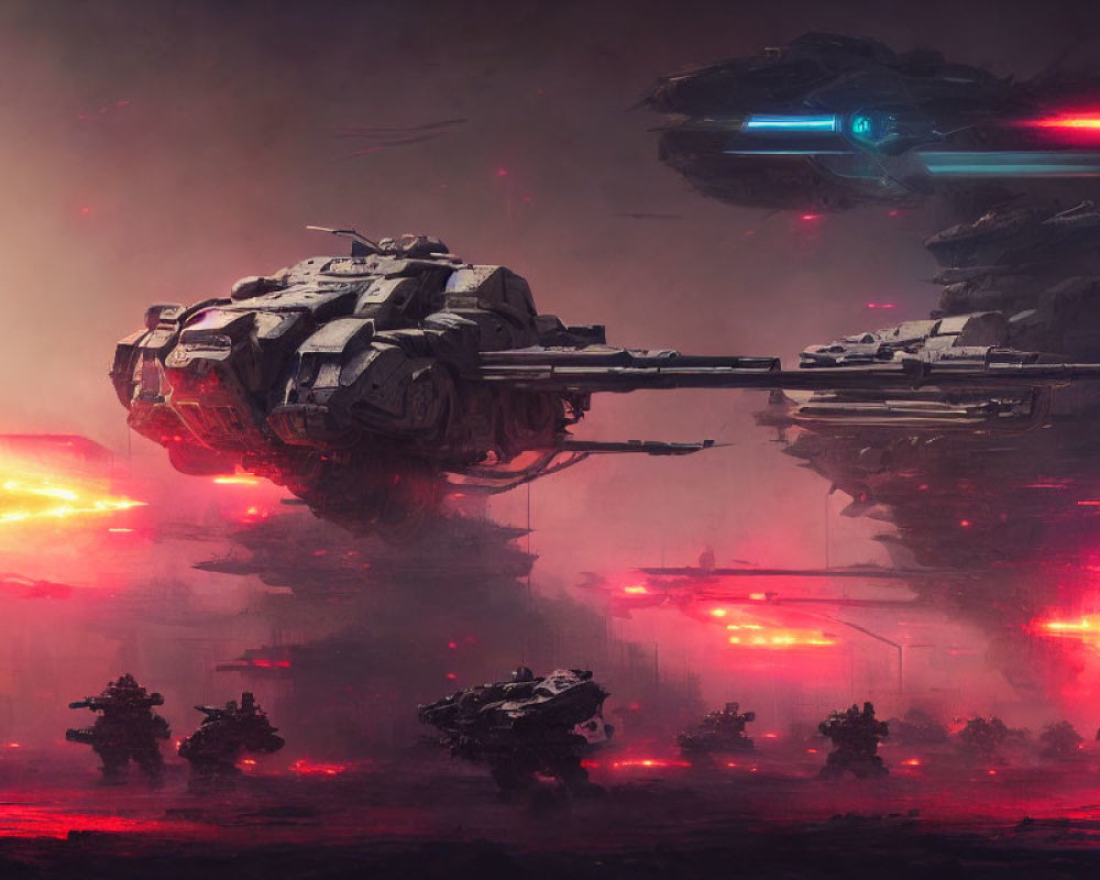 Large Armored Spaceships and Combat Vehicles in Futuristic Battle Scene