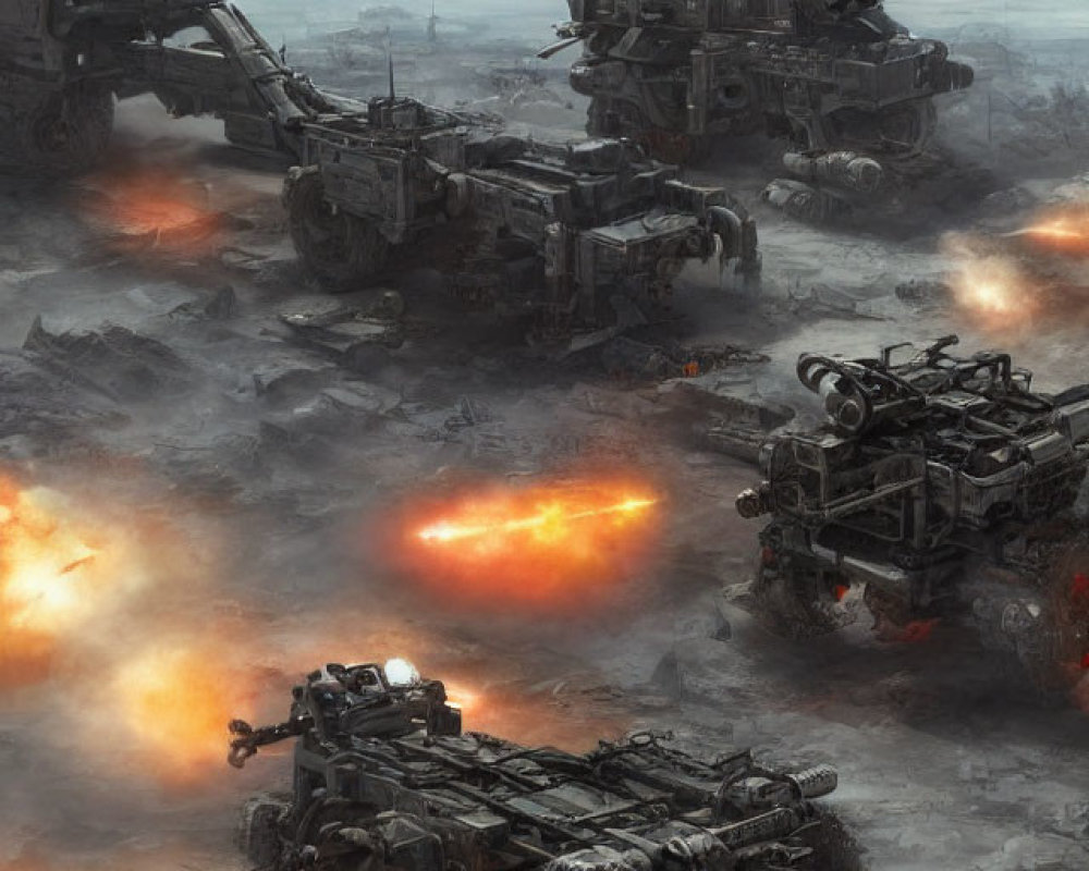 Dystopian battlefield with armored vehicles and artillery amidst soldiers