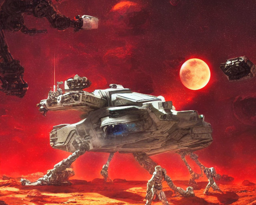 Sci-fi battle scene on red alien planet with war machines and troopers