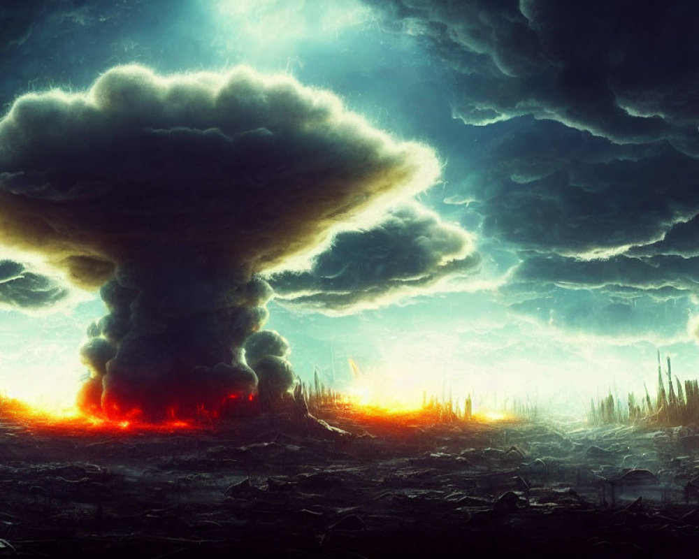 Dramatic mushroom cloud explosion over devastated landscape