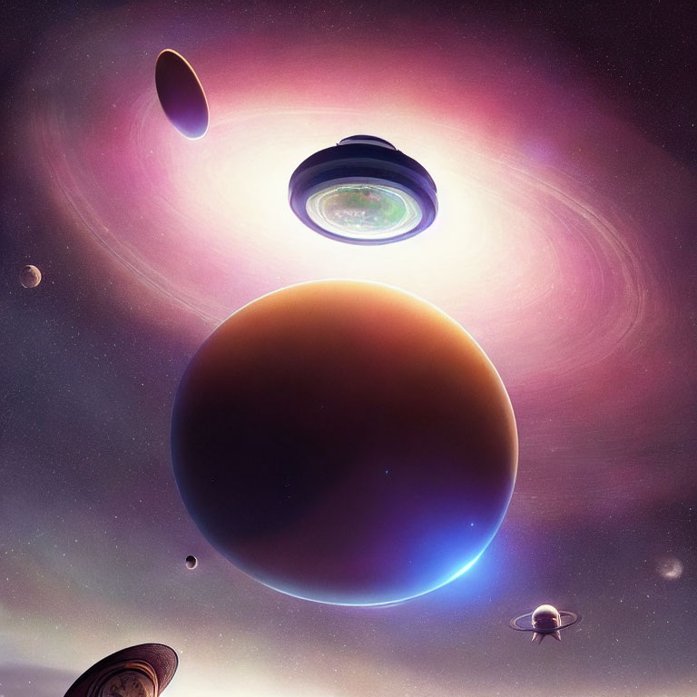 Cosmic surreal scene with large brown planet and celestial bodies.