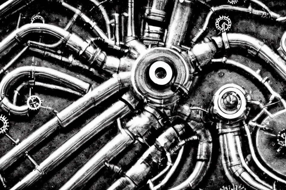 Monochrome industrial steampunk circle with pipes and gears