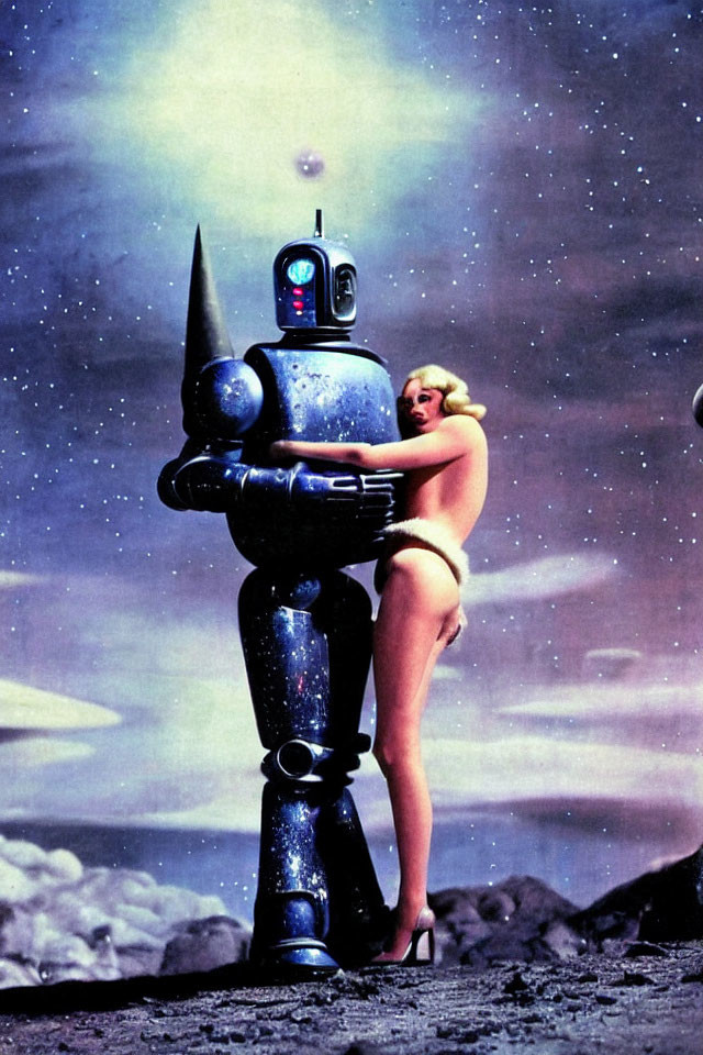 Vintage-Style Woman Embracing Classic Robot in Sci-Fi Setting