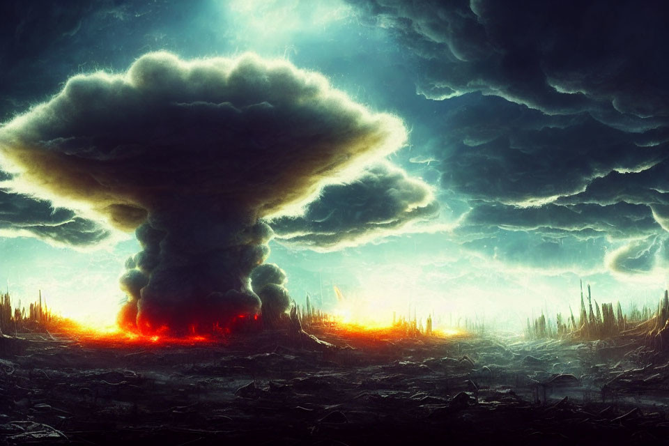 Dramatic mushroom cloud explosion over devastated landscape