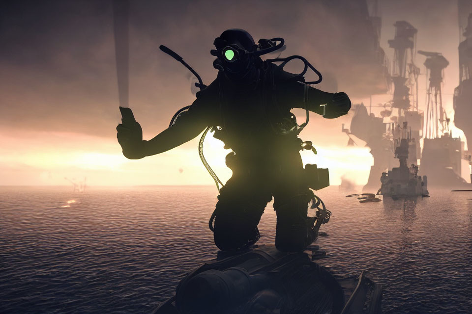 Underwater diver in glowing mask near industrial structures