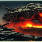 Futuristic aircrafts and tanks in sci-fi battle scene