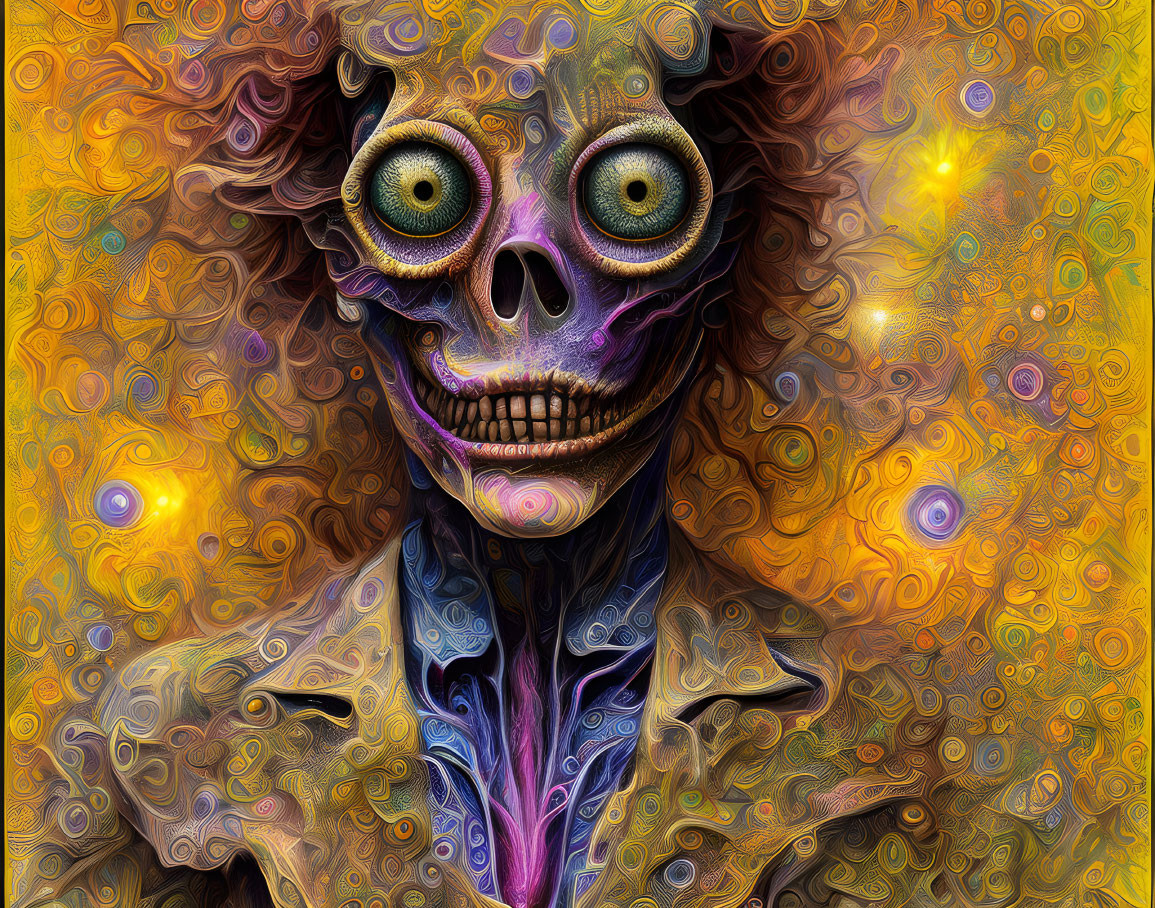 Colorful Psychedelic Skull Artwork with Circular Eyes and Grin