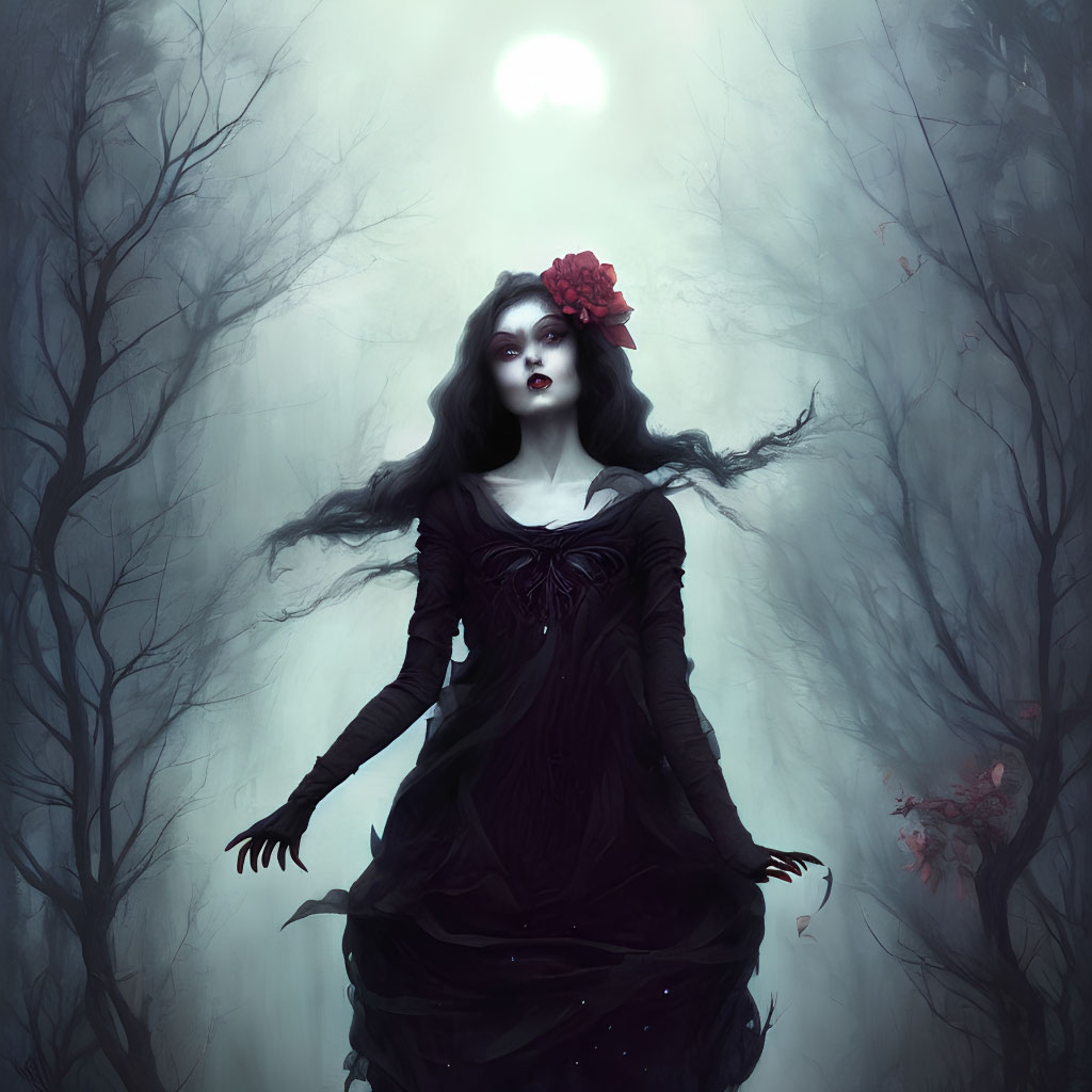 Dark-haired woman in black dress in misty forest with red flower - ethereal light above