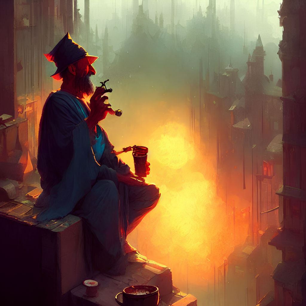 Elderly man in blue robe and hat with pipe, cityscape background