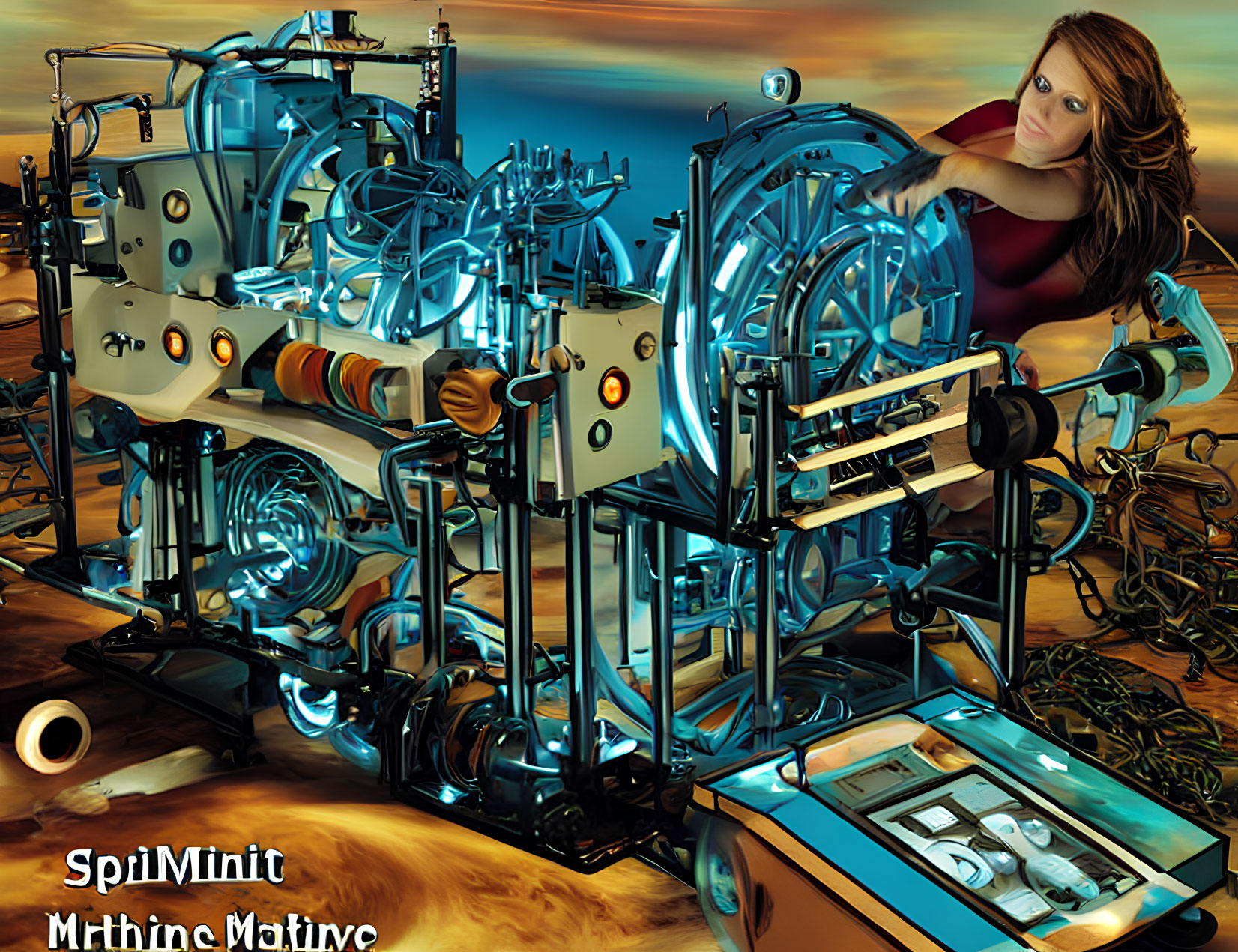 Woman leaning on steampunk machinery in surreal setting