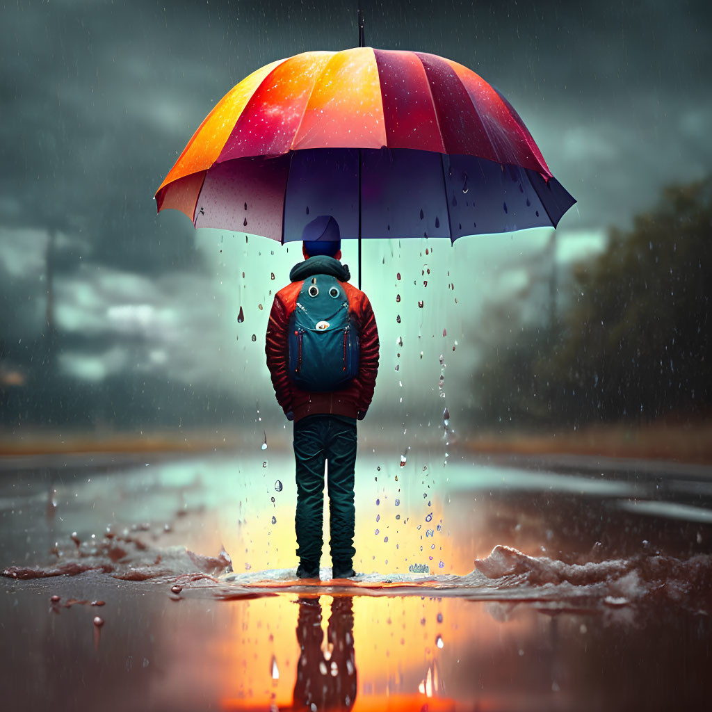 Colorful umbrella in rain with person standing in puddle