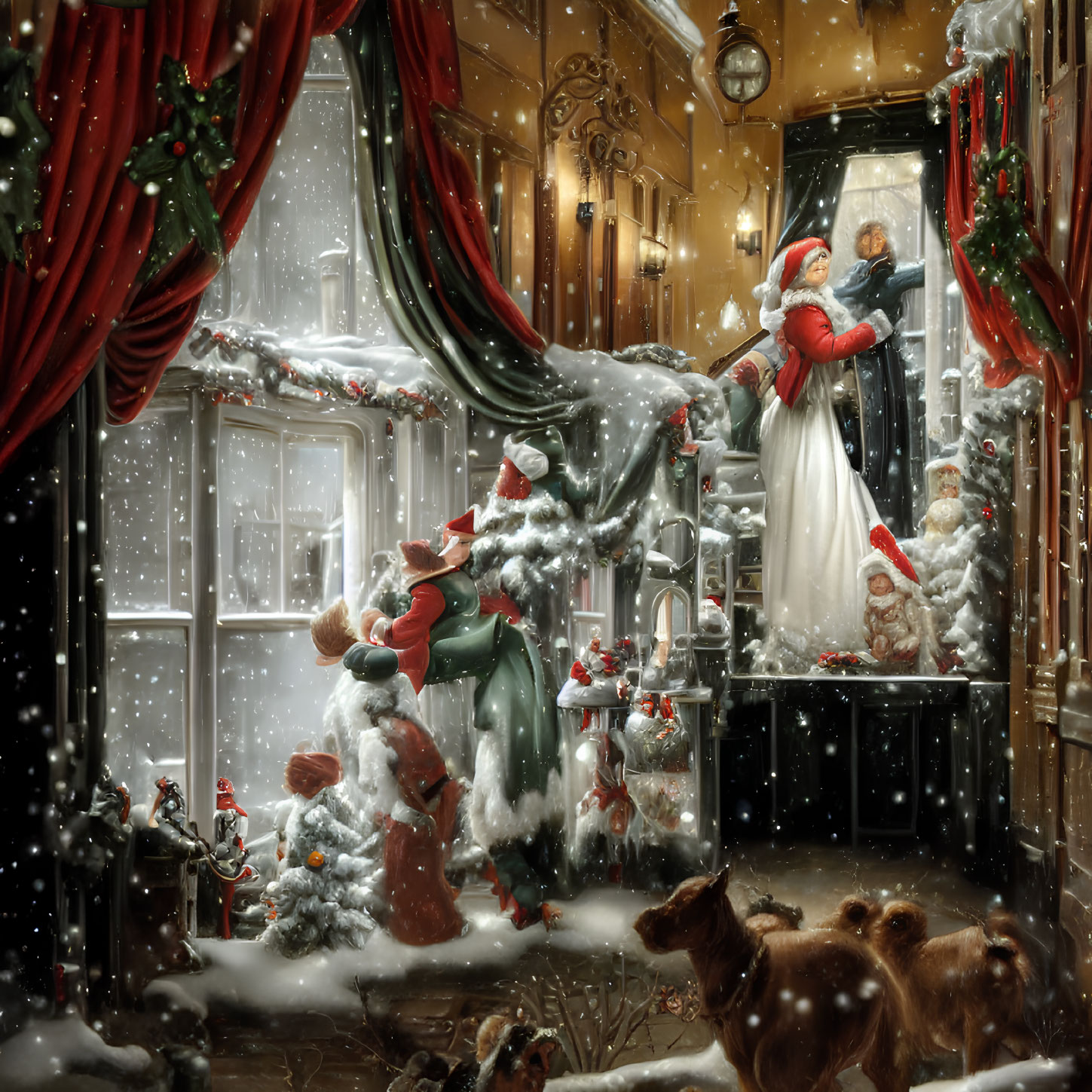 Snowy Christmas porch scene with Santa, person holding child, and happy dogs