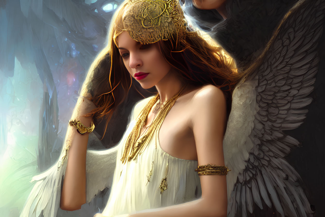 Ethereal woman with angel wings in golden jewelry and white dress gazes thoughtfully.
