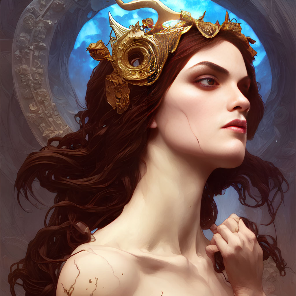 Illustrated woman with golden crown and intricate gears on blue moon background