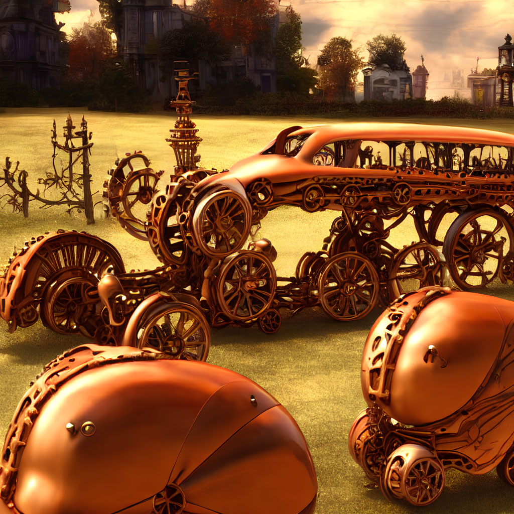 Fantasy Steampunk Scene with Bronze Vehicles and Old-Fashioned Architecture
