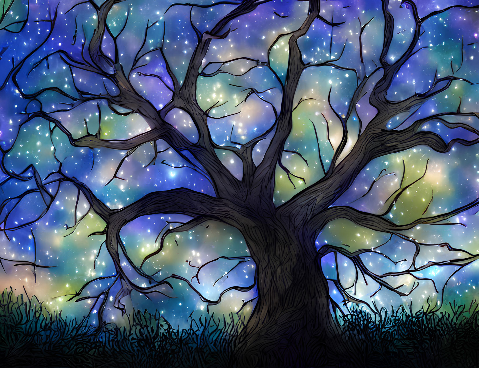 Mystical tree silhouette against starry night sky