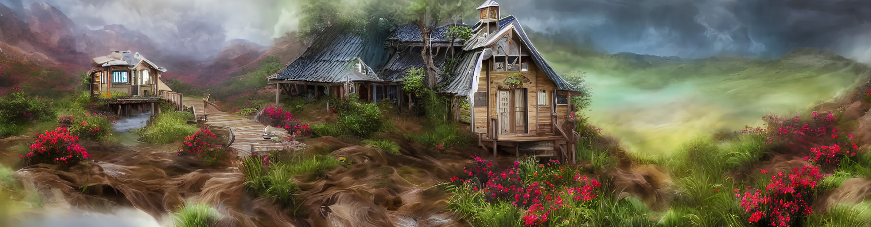 Rustic wooden houses near turbulent river in mountain landscape with red flowers under stormy sky