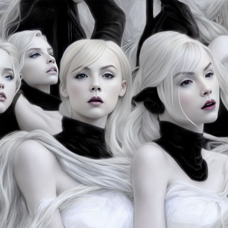 Multiple pale, white-haired women in dark attire for striking contrast
