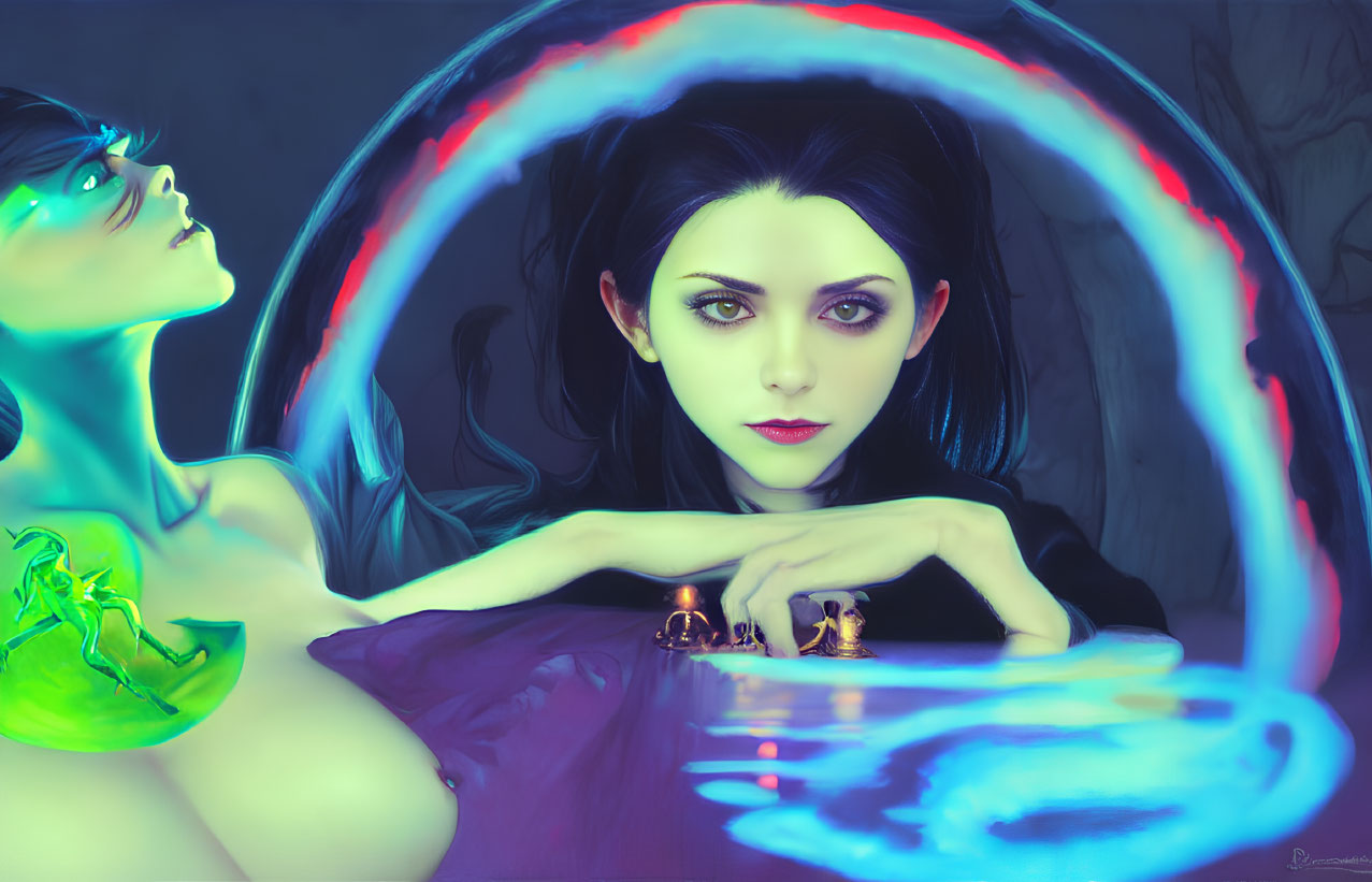 Fantastical digital artwork of two female figures with glowing aura and scorpion.