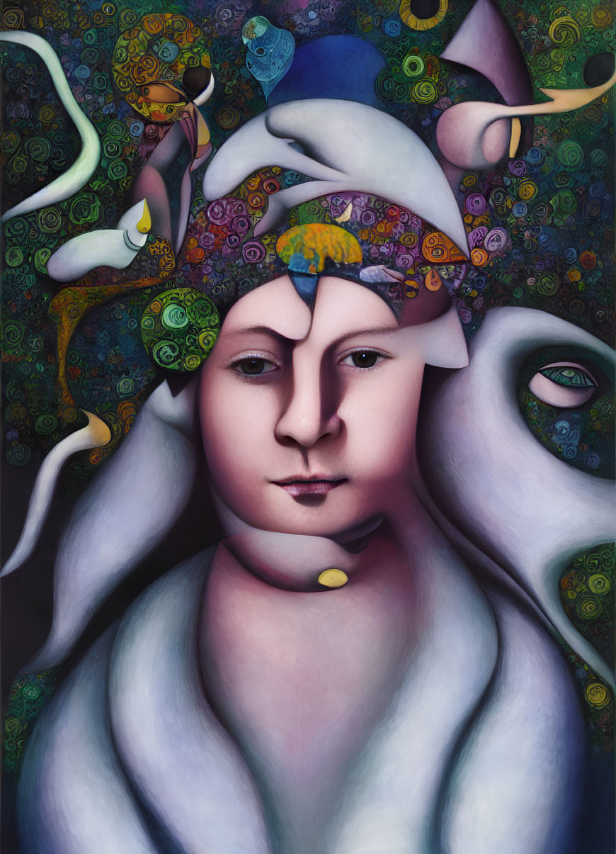 Surrealist painting with serene central figure and abstract motifs