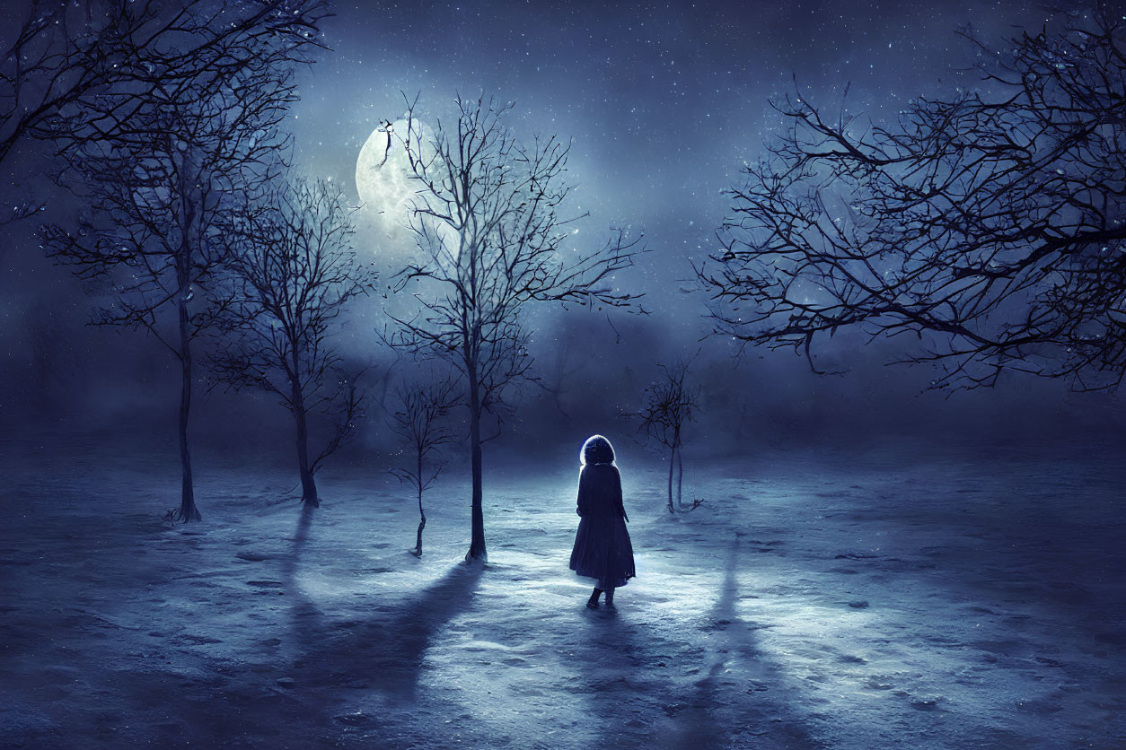 Solitary figure in snowy moonlit landscape with bare trees