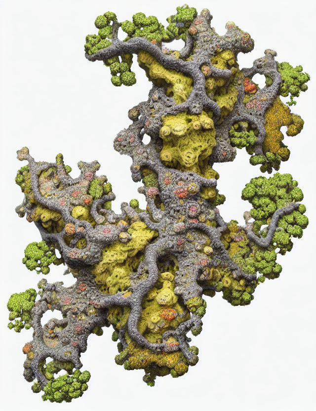 Branching Coral Structure with Green, Yellow, and Red Splotches