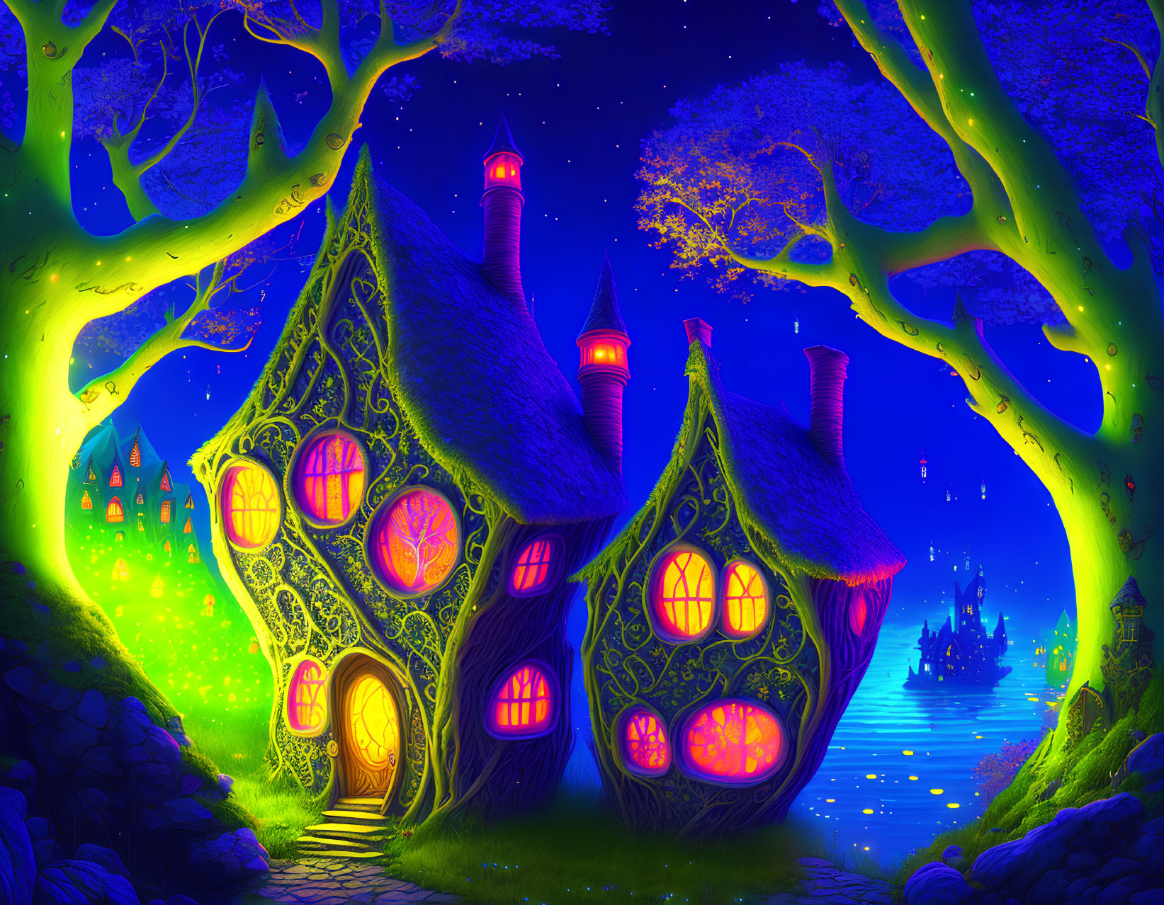 Fantasy illustration of whimsical cottage, glowing trees, and distant castle