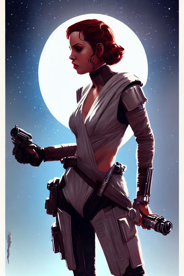 Female sci-fi character with blaster in hand in futuristic attire against moon backdrop